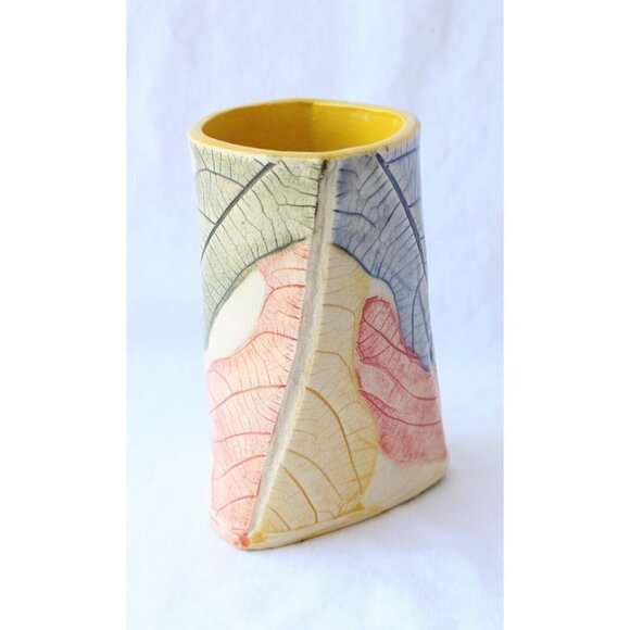 Handmade Ceramic Multicolor Pencil Holder Organic Shape leaf texture Vase unique - Picture 9 of 10